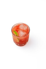 A vibrant red strawberry cocktail or mocktail with crushed ice and a lime wedge garnish, served in a classic glass on a clean white background, perfect for party promotions, and beverage advertisement