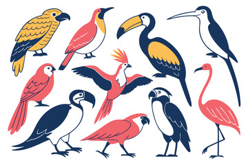 Obraz premium A collection of diverse tropical birds in flat illustration style with coral pink navy blue and yellow colors