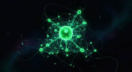 Obraz premium A luminous green network of interconnected nodes and pulsating energy, resembling a neural network or a complex biological structure against a dark, cosmic background.
