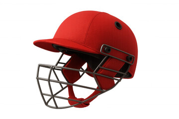 Fototapeta premium Cricket helmet featuring protective face guard, displaying red color scheme, resting on transparent backdrop