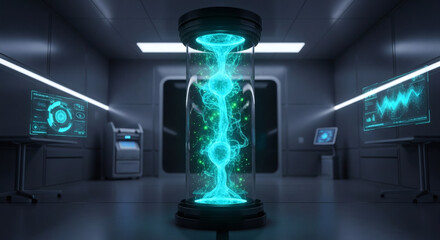 Futuristic laboratory chamber showcasing a vibrant, glowing energy column with intricate swirling patterns, surrounded by advanced holographic displays and scientific equipment.