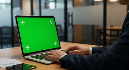 Businessman using laptop with bright green screen at modern office desk, natural hand posture on keyboard, blurred glass partitions background
