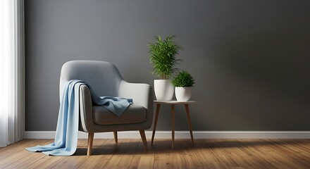 Fototapeta premium Cozy armchair with a light blue throw blanket next to a side table with plants