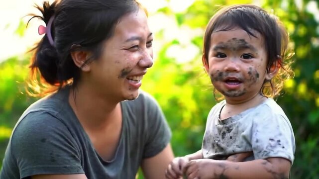 A smiling mother holds her toddler, both with mud on their faces, amid greenery, under bright sunlight and greenery in the background