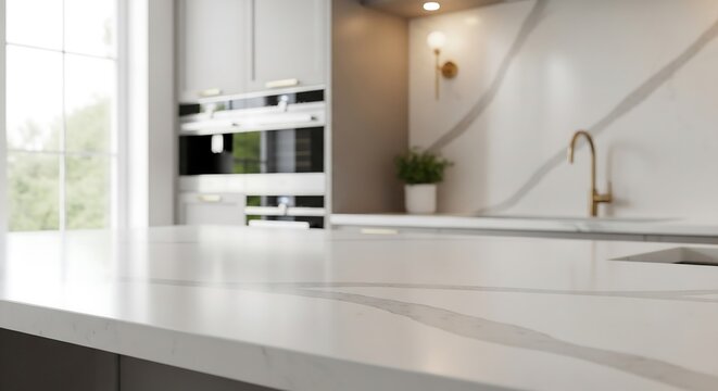 Matte white quartz countertop, blurred luxury modern kitchen background, lifestyle stock photo for premium home branding