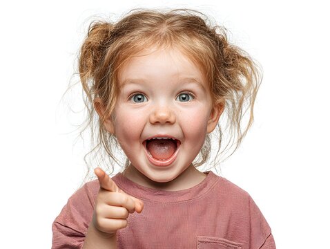 Happy little girl with blonde hair and a joyful expression points directly at the viewer with excitement.
