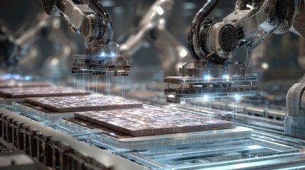 A detailed view of the automated robotic arms meticulously placing newly formed tiles into drying racks emphasizing precision and modern manufacturing.