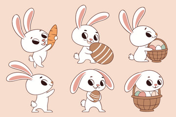 Obraz premium Six cute cartoon white bunnies with pink ears holding Easter eggs and a carrot bunny rabbit
