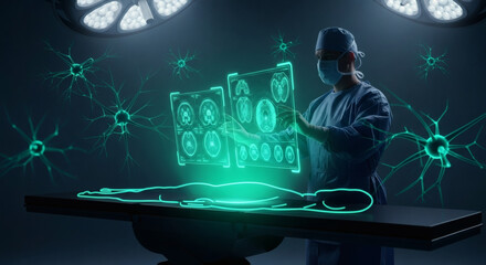Surgeon in futuristic operating room interacting with holographic medical scans and neural network visualizations of a patient.