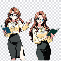 Anime Teacher Duo Pointing and Holding Book