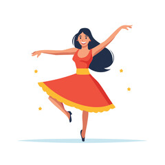 Fototapeta premium Cartoon dancer in red dress, arms extended and a smiling face, isolated.
