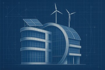 Minimalist curved architecture blueprint with sustainable energy systems integration diagram