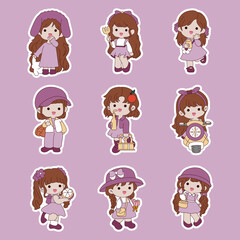 Cute kawaii girls stickers set