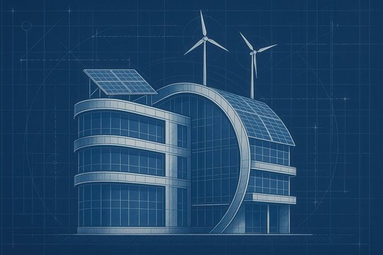 Minimalist curved architecture blueprint with sustainable energy systems integration diagram