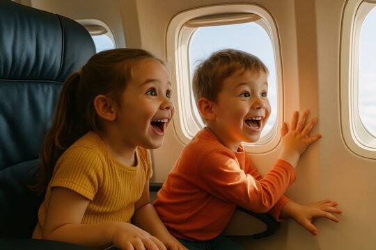 Two cheerful children experiencing excitement and wonder during their first airplane flight journey