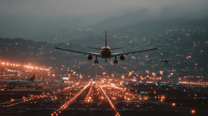 Naklejka premium A red and white airplane is flying over a city with many lights on the ground