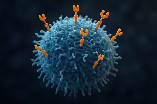 3D rendering of a CAR T-cell, a genetically modified T-cell used in cancer therapy, with a chimeric antigen receptor.