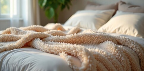 Soft, plush blanket draped over a bed, ready to provide cozy warmth and comfort for a restful sleep Ideal for promoting relaxation and peaceful nights , winter, interior, relaxing