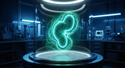 Futuristic laboratory showcases a glowing, amorphous biological specimen suspended within a containment chamber, surrounded by advanced scientific equipment and blue neon lighting.