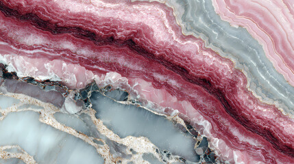 Vibrant natural stone texture with intricate pink, red, and grey layers, accented by golden veins. Luxurious geological pattern for elegant backgrounds and sophisticated design