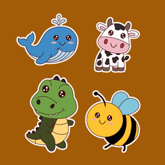 Cute cartoon animals stickers set on brown