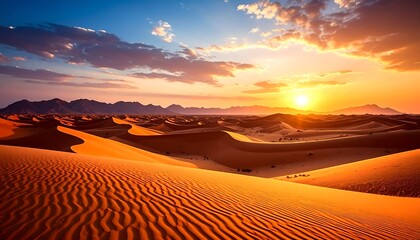 Dramatic desert sunset over sand dunes