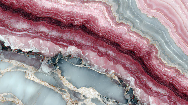 Vibrant natural stone texture with intricate pink, red, and grey layers, accented by golden veins. Luxurious geological pattern for elegant backgrounds and sophisticated design