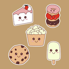Cute dessert stickers cake donuts popcorn cookie and ice cream