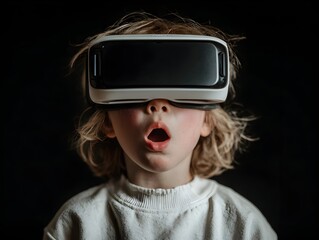 A young child with an open mouth is immersed in virtual reality using a headset on a black background.