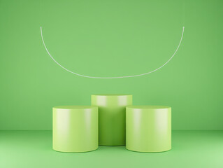 Fototapeta premium Three light green cylindrical pedestals on a green background with a subtle arc