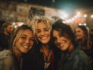 Three happy women smile and embrace at an indoor social gathe with warm lights and brick background.