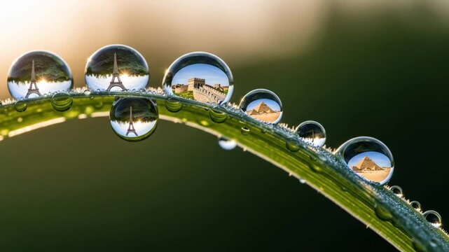 World landmarks in dew drops