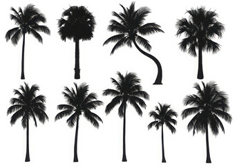Collection of diverse palm tree silhouettes on white background