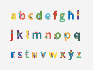 アルファベットa〜zと子どものイラスト（小文字・カラフル）