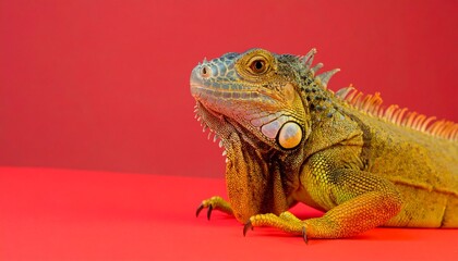 Obraz premium Close-up iguana on vibrant red background