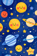 Naklejka premium Celestial Cartoon Universe: Delightful cartoon planets and stars dance in a vibrant cosmos. creating a sense of wonder and the boundless universe.