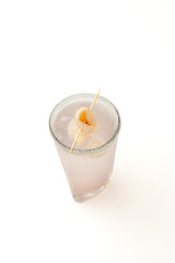 A refreshing and elegant lychee cocktail or mocktail with a sugar rim, garnished with fresh lychee fruit, served in a glass on a bright white background, perfect for a sophisticated bar menu