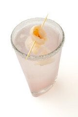 A refreshing and elegant lychee cocktail or mocktail with a sugar rim, garnished with fresh lychee fruit, served in a glass on a bright white background, perfect for a sophisticated bar menu