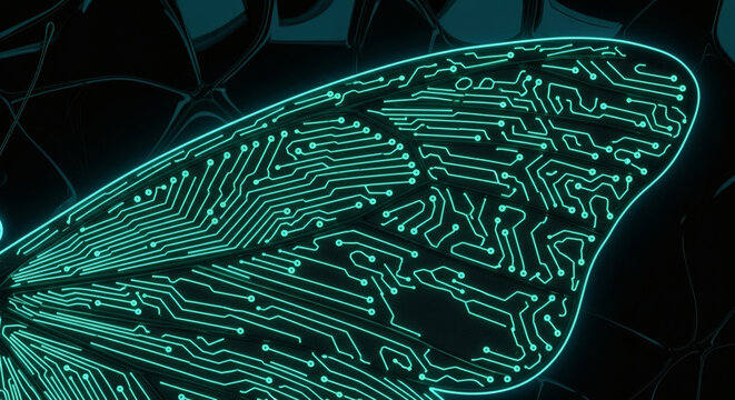 A close-up view of a glowing teal circuit board pattern resembling a butterfly wing against a dark, abstract background.