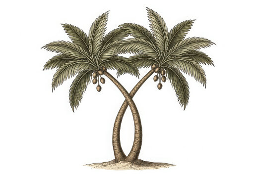 Two intertwined palm trees with coconuts on a white background