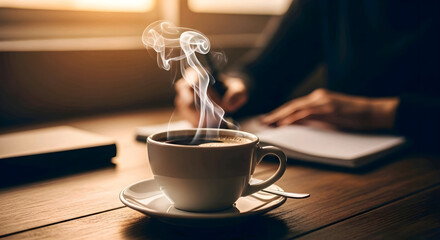 Warm steaming coffee cup on wooden desk with person writing in background, perfect for focused work or morning routine