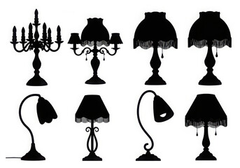 Collection of antique and vintage lamp silhouettes on white background
