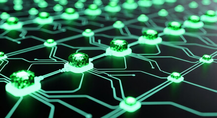 Abstract glowing green nodes interconnected by intricate circuitry, representing a digital network or data flow.