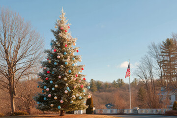american flag gracefully stands beside beautifully decorated christmas tree outdoors
