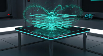 A glowing holographic projection of a complex geometric structure emanates from a futuristic table in a sterile, modern laboratory setting.