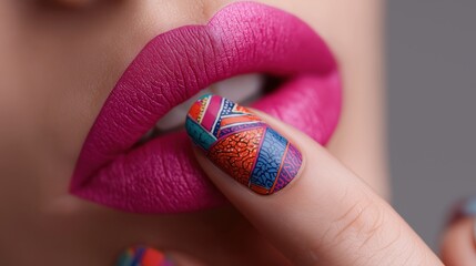 Woman's hand, with a beautifully manicured nail featuring a bold, colorful tribal or abstract design, as her finger gently rests on her lips with bright pink lipstick.