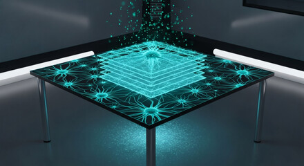 A glowing, abstract representation of interconnected neural networks and data streams emanating from a central, layered structure on a futuristic table.