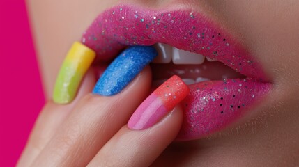 Woman's hand, with a beautifully manicured nail featuring a bold, colorful tribal or abstract design, as her finger gently rests on her lips with bright pink lipstick.