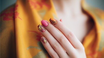 A woman's hand with beautifully manicured nails featuring a bold, colorful polka dot design. The hand is gently touching her shoulder.