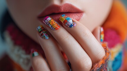 Woman's hand with beautifully manicured nails featuring a bold, colorful abstract design, matching her rich lipstick and warm orange knitted sweater.